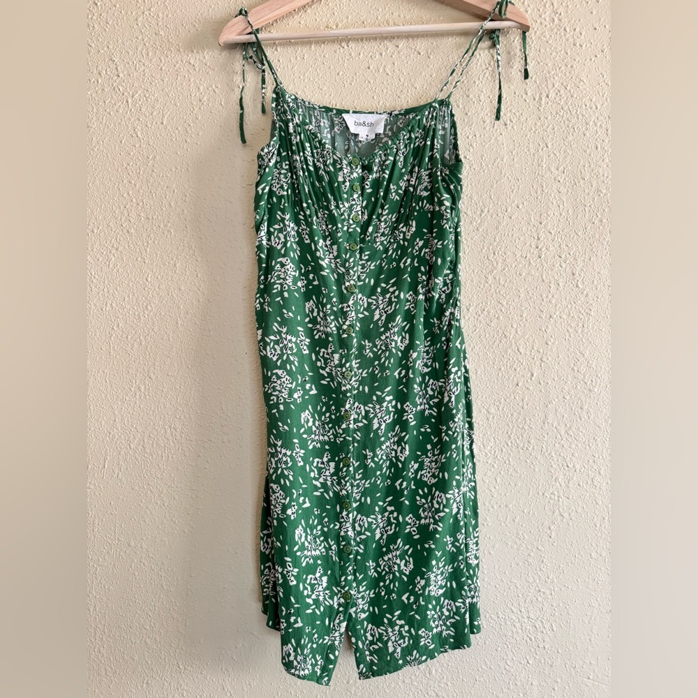 ba&sh Green and White Floral Tie-Shoulder Midi Dress